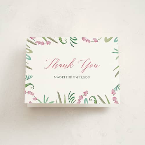 This is a fuschia kids thank you cards with standard by Hallie Fischer called tropical crest printing on strathmore in standard