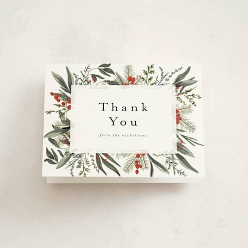 This is a holly berry thank you cards with standard by Susan Moyal called holiday botanical printing on strathmore in standard