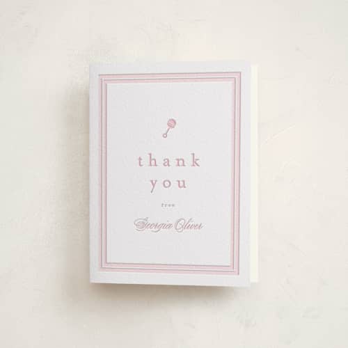 This is a peony baby shower thank you cards with letterpress by Carolyn MacLaren called classic start printing on coventry320 in standard