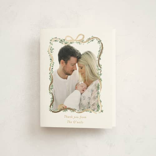 This is a blush baby thank you cards with foil pressed by Itsy Belle Studio called ribbonly frame printing on strathmore in standard