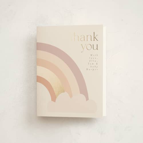 This is a blush baby thank you cards with foil pressed by Angela Thompson called rainbow sky printing on strathmore in standard