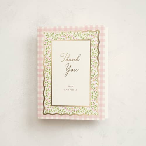 This is a peony baby thank you cards with foil pressed by Creo Study called patio printing on strathmore in standard