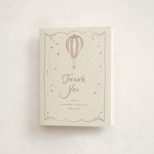 This is a lilac baby thank you cards with foil pressed by Summer Winkelman called balloon whimsy printing on strathmore in standard