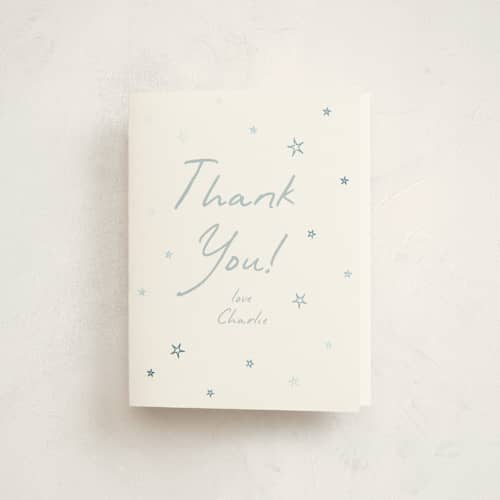 This is a starlight baby thank you cards with foil pressed by Kamala Nahas called little stars printing on strathmore in standard