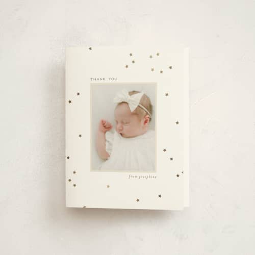 This is a north star baby thank you cards with foil pressed by Ellen Schlegelmilch called twinkly stars printing on strathmore in standard