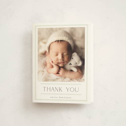 This is a lime baby thank you cards with standard by Shirley Lin Schneider called birth stats label printing on strathmore in standard