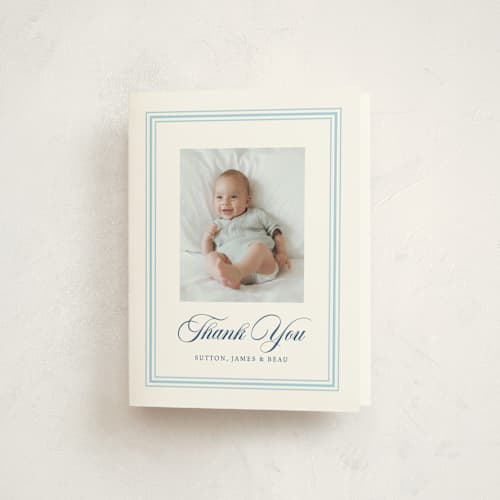 This is a baby blue baby thank you cards with standard by Alston Foster called little darling printing on strathmore in standard