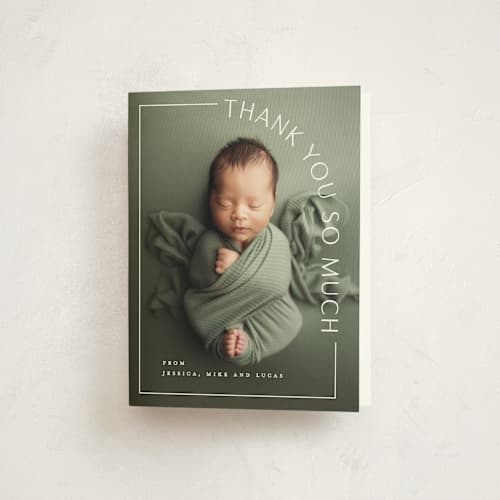 This is a snow baby thank you cards with standard by Lauren Chism called take shape printing on strathmore in standard