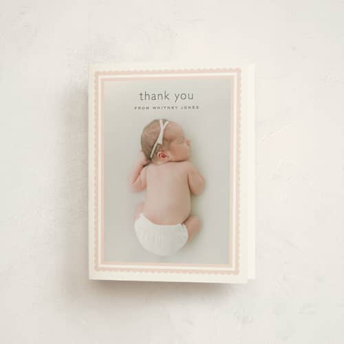 This is a baby blush baby thank you cards with standard by Carolyn MacLaren called scalloped border printing on strathmore in standard