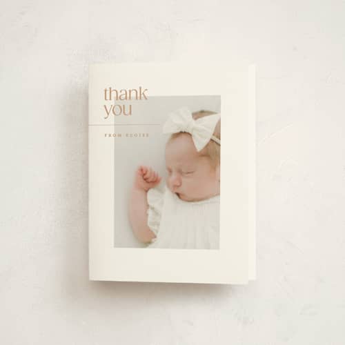 This is a peach baby thank you cards with standard by Ellen Schlegelmilch called eloise printing on strathmore in standard