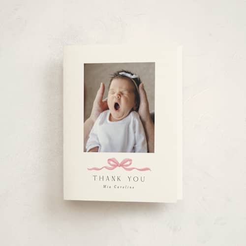 This is a cotton candy baby thank you cards with standard by Paula Pecevich called sweet bow printing on strathmore in standard