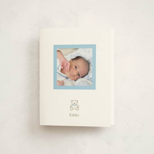 This is a baby baby thank you cards with standard by mo kelley called teddy printing on strathmore in standard