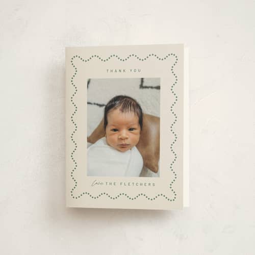 This is a moss baby thank you cards with standard by Kelly Watkins called squiggle: landscape printing on strathmore in standard