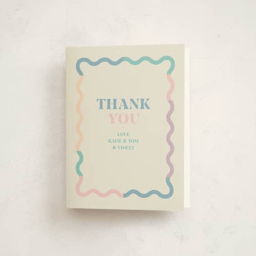 This is a cream baby thank you cards with standard by Baumbirdy called wavy pastel frame printing on strathmore in standard