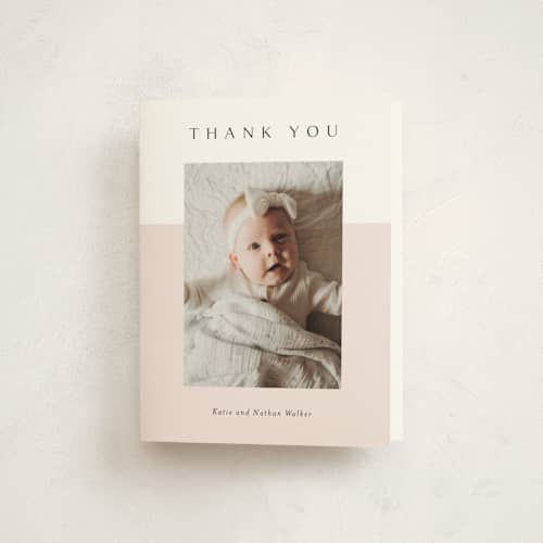 This is a peony baby thank you cards with standard by Kasia Labocki called cherished printing on strathmore in standard