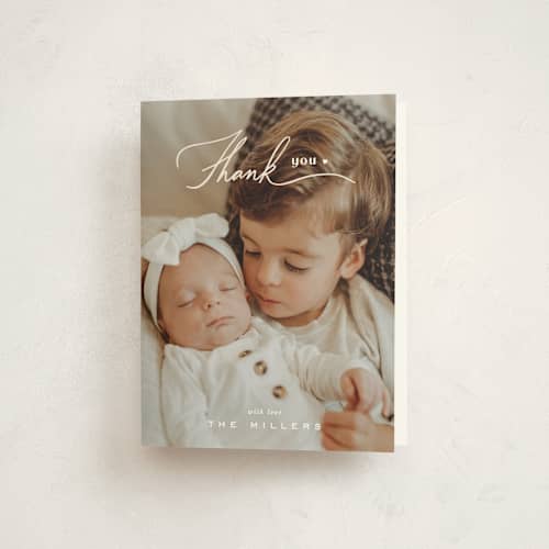 This is a cotton baby thank you cards with standard by Creo Study called sibling intro printing on strathmore in standard