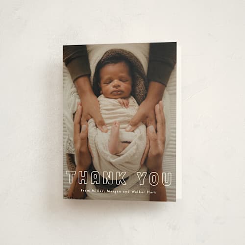 This is a powder baby thank you cards with standard by Sara Hicks Malone called snug printing on strathmore in standard