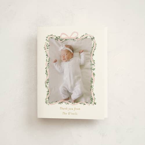 This is a blush baby thank you cards with standard by Itsy Belle Studio called ribbonly frame printing on strathmore in standard
