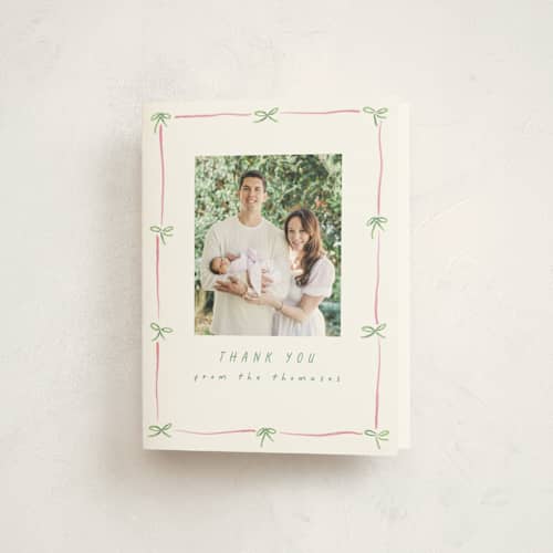 This is a candy baby thank you cards with standard by Susan Zinader called preppy bow border printing on strathmore in standard
