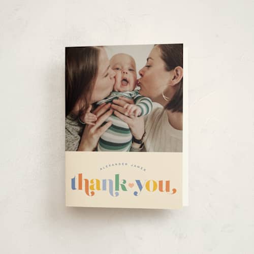 This is a bluebird baby thank you cards with standard by Jessica Corliss called hello sweet baby printing on strathmore in standard