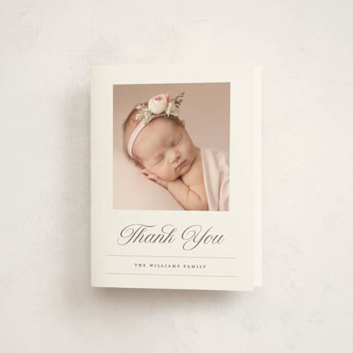 This is a peony baby thank you cards with standard by Pixel and Hank called elegance printing on strathmore in standard