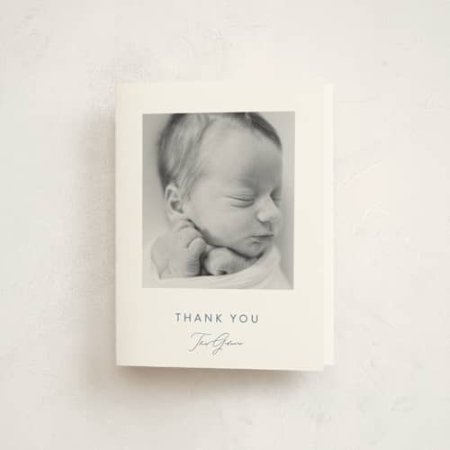 This is a vanilla baby thank you cards with standard by Olivia Raufman called dashing printing on strathmore in standard