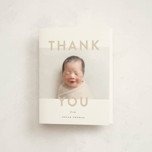 This is a sand baby thank you cards with standard by Carolyn MacLaren called trio overlay printing on strathmore in standard