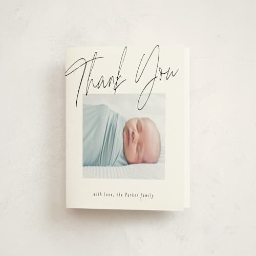 This is a noir baby thank you cards with standard by AK Graphics called simply printing on strathmore in standard