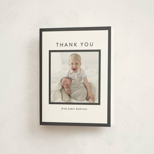 This is a charcoal baby thank you cards with standard by JoAnn Jinks called square printing on strathmore in standard