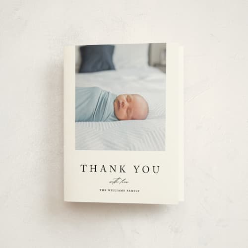 This is a onyx baby thank you cards with standard by Pixel and Hank called dreamer printing on strathmore in standard