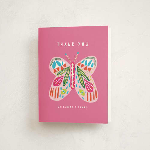 This is a bubblegum baby thank you cards with standard by Lauren Semmer called a butterfly printing on strathmore in standard