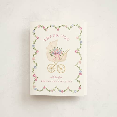 This is a rose baby thank you cards with standard by Sarah Knight called blooms printing on strathmore in standard