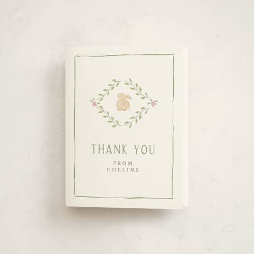 This is a garden baby thank you cards with standard by Susan Zinader called storybook frame printing on strathmore in standard