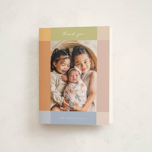 This is a natural rainbow baby thank you cards with standard by Sierra Lee called soft strips printing on strathmore in standard