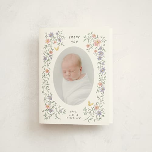 This is a garden baby thank you cards with standard by Grae called tiny flowers printing on strathmore in standard