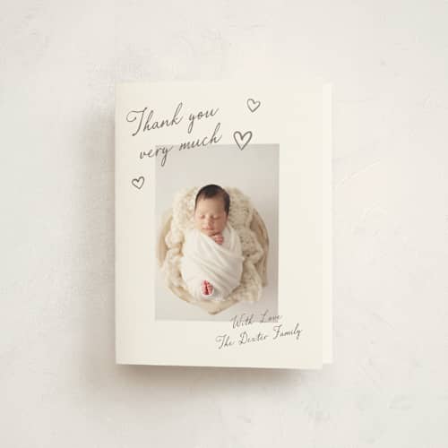 This is a sand baby thank you cards with standard by Pixel and Hank called written printing on strathmore in standard