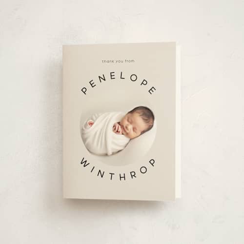 This is a sand baby thank you cards with standard by Lori Wemple called square birth printing on strathmore in standard