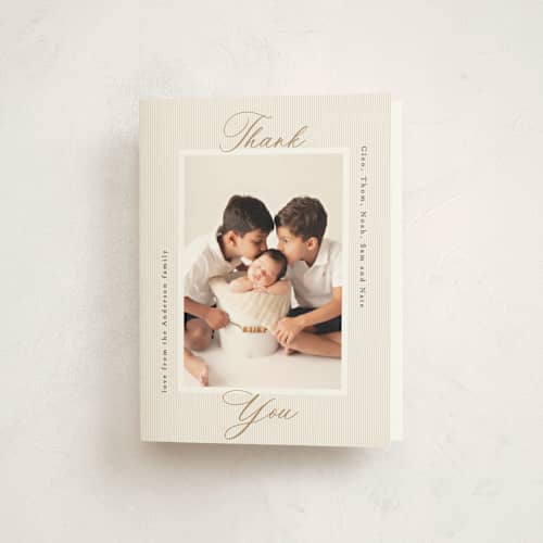This is a sand baby thank you cards with standard by Gwen Bedat called sweet stripes printing on strathmore in standard