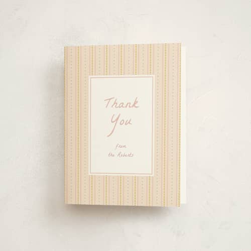 This is a blush baby thank you cards with standard by Ellen Schlegelmilch called patterned stripes printing on strathmore in standard