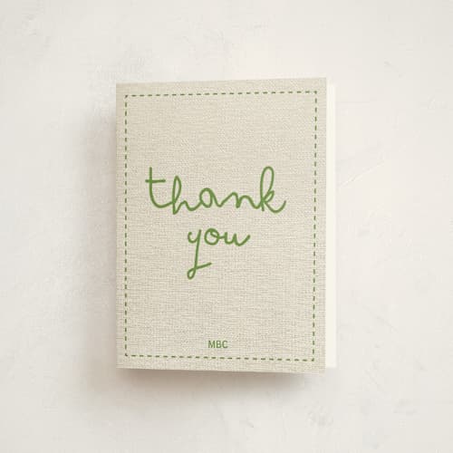 This is a mint baby thank you cards with standard by Ashley Langlais called stitched together printing on strathmore in standard