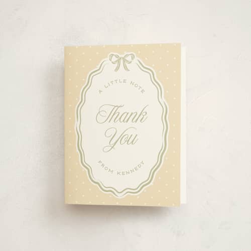 This is a sage baby thank you cards with standard by Robert and Stella called bow frame printing on strathmore in standard