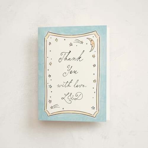 This is a sky baby thank you cards with standard by Ashlee Townsend called over the moon and back printing on strathmore in standard