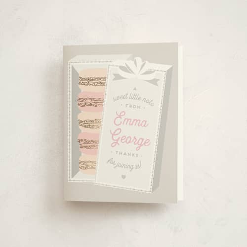 This is a mist thank you cards with foil pressed by Jennifer Lew called macaron parlor printing on strathmore in standard