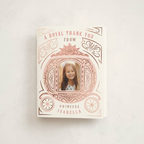 This is a ballerian pink thank you cards with foil pressed by Paper Sun Studio called princess carriage printing on strathmore in standard