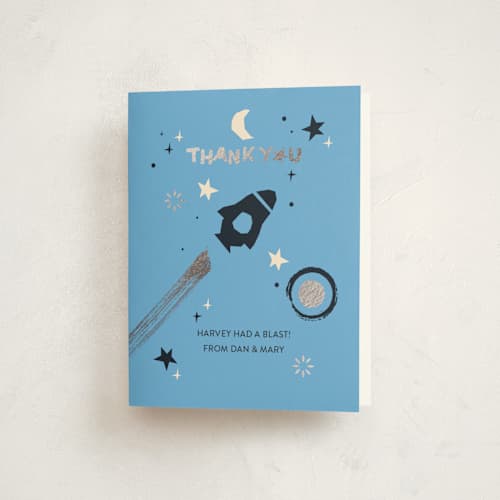 This is a sky thank you cards with foil pressed by Charlotte Smith called cosmic adventure printing on strathmore in standard