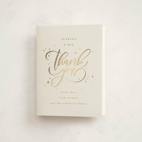 This is a pudding thank you cards with foil pressed by Anastasia Makarova called birthday swirls printing on strathmore in standard