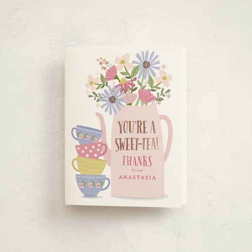 This is a petal thank you cards with foil pressed by Karidy Walker called party teapot printing on strathmore in standard
