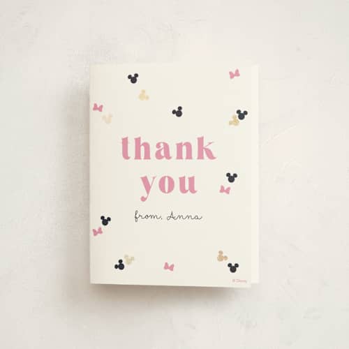 This is a peony thank you cards with foil pressed by Annie Holmquist called disney's minnie mouse confetti printing on strathmore in standard