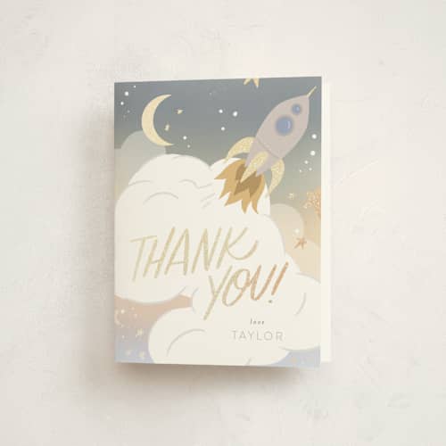 This is a lunar thank you cards with foil pressed by Leah Bisch called out of this world printing on strathmore in standard