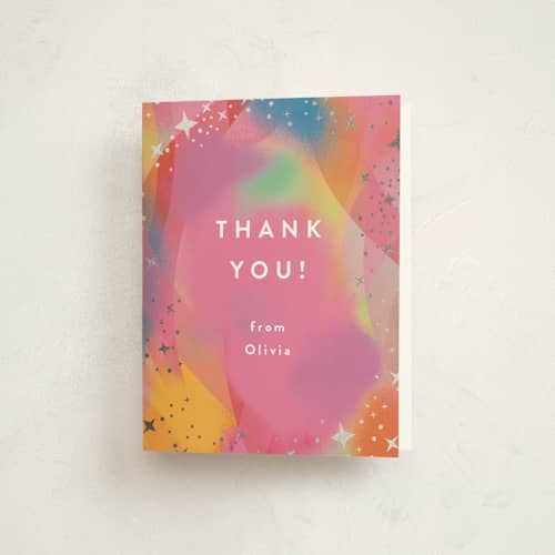This is a candy thank you cards with foil pressed by Katie Zimpel called galaxy rainbow printing on strathmore in standard